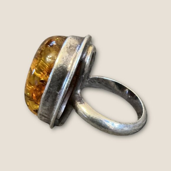 Vintage Estate Amber & Sterling Silver Statement Ring - Picture 7 of 10